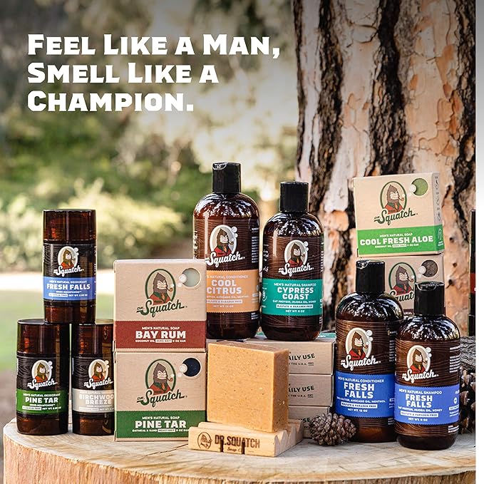Dr. Squatch Natural Bar Soap for Men - Cold Process Soap with No Harsh Chemicals - Pine Tar, Alpine Sage, Fresh Falls & Eucalyptus Greek Yogurt (5 oz, 4-Pack)