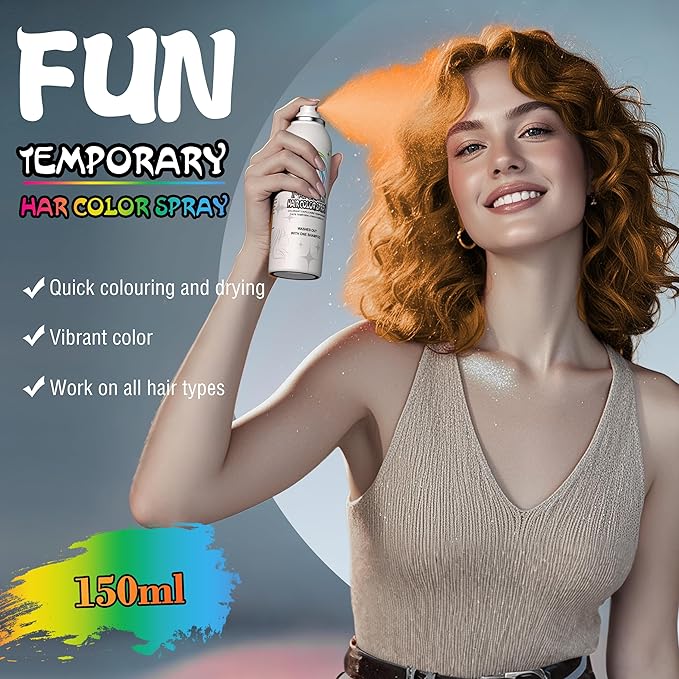 Orange Temporary Hair Color Spray - Gentle Formula, Washable & Non-Sticky | Instant Hair Dye Alternative for Adults | Halloween, Costume, Party Makeup, 150ml
