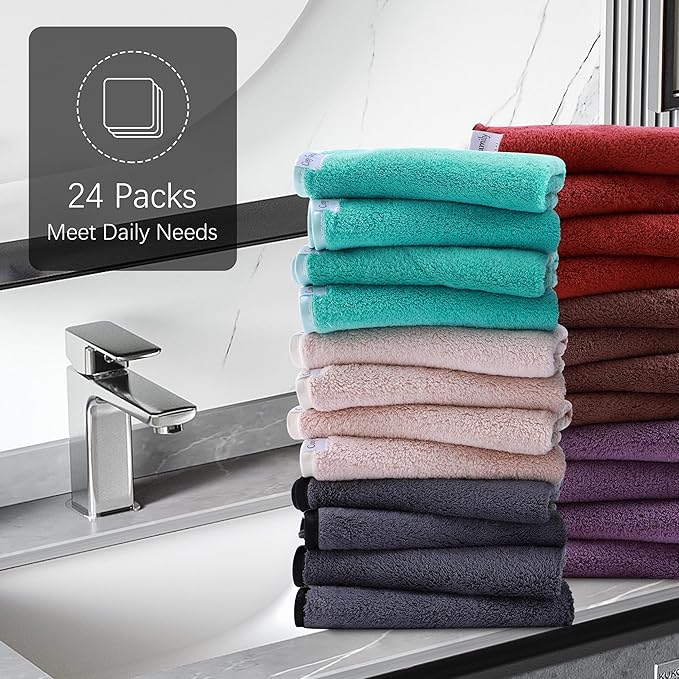 Cosy Family 24 Pack Soft Washcloths Set - 12 x 12 inches, Quick Drying - Highly Absorbent Coral Velvet Fingertip Towel Bathroom Wash Clothes for Bath, Spa, Facial, Kitchen - Dark Color
