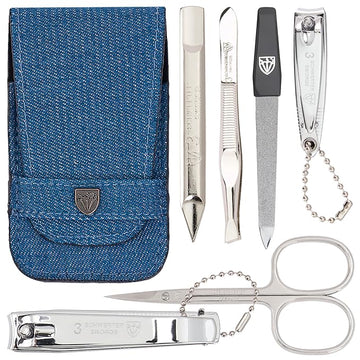 3 Swords Germany - brand quality 6 piece manicure pedicure grooming kit set for professional nail care with jeans textile case - Made in Germany