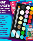 Blue Squid UV Neon Face and Body Paint Glow in the Dark Face Paint Kit 20 Colors Black Light with Stencils, Book - Safe for Sensitive Skin, Non-Toxic UV Painting Professional Accessories Kids Adults