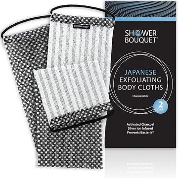 Japanese Exfoliating Washcloth for Back & Body 2-Pack - Charcoal & Silver Ion Exfoliating Towel with Handles - Two-Sided Gentle Exfoliation & Deep Cleanse Body Wash Cloths for Shower - 2 White