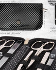 3 Swords Germany - brand quality 8 piece manicure pedicure grooming kit set synthetic leather case black silver spots - Made in Germany