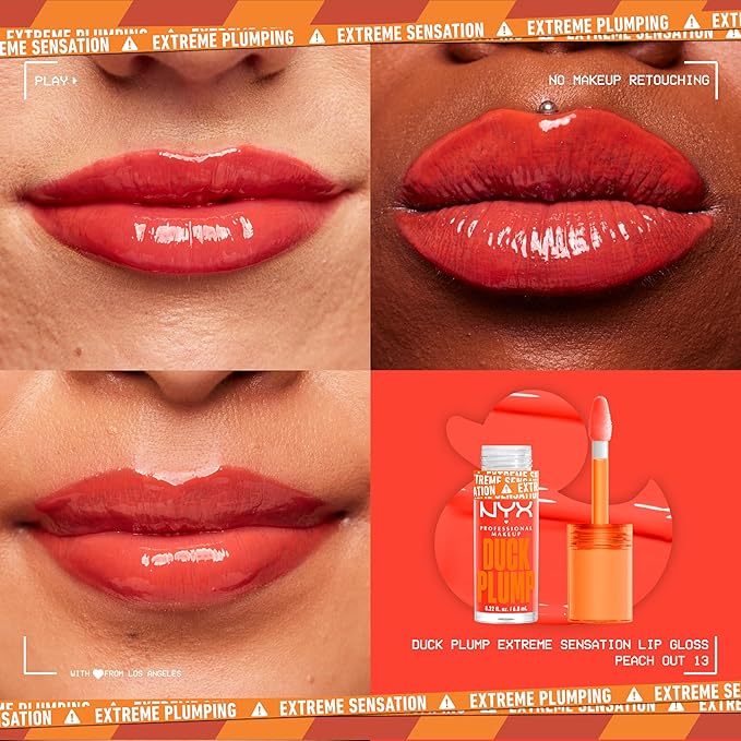 NYX PROFESSIONAL MAKEUP Duck Plump High Pigment Plumping Lip Gloss with Spicy Ginger, Vegan Lip Makeup - Peach Out (Vibrant Peach)