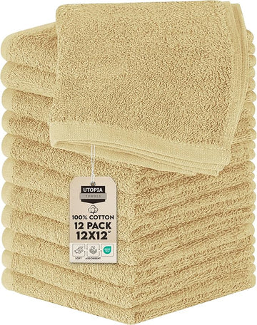 Utopia Towels 12 Pack Cotton Washcloths Set, 100% Ring Spun Cotton, Premium Flannel Face Cloths, Highly Absorbent and Soft Feel Fingertip Towels, Beige