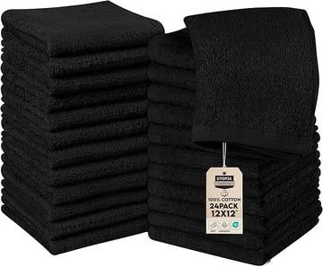 Utopia Towels 24 Pack Cotton Washcloths Set, 100% Ring Spun Cotton, Premium Quality Flannel Face Cloths, Highly Absorbent and Soft Feel Fingertip Towels, Black