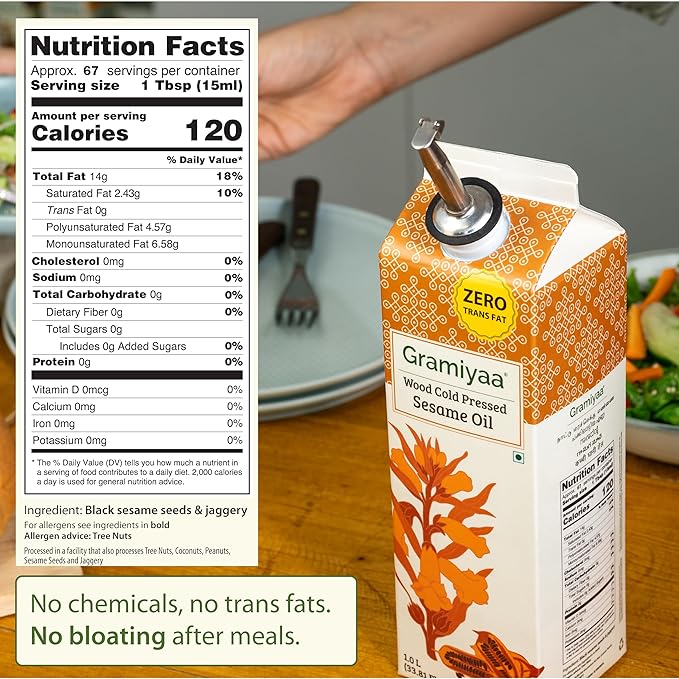 Gramiyaa Cold Pressed Non Toasted Sesame Oil for Cooking | 33.81 FL OZ (1L) | 100% Raw, Chemical Free, Wood Pressed Sesame Oil