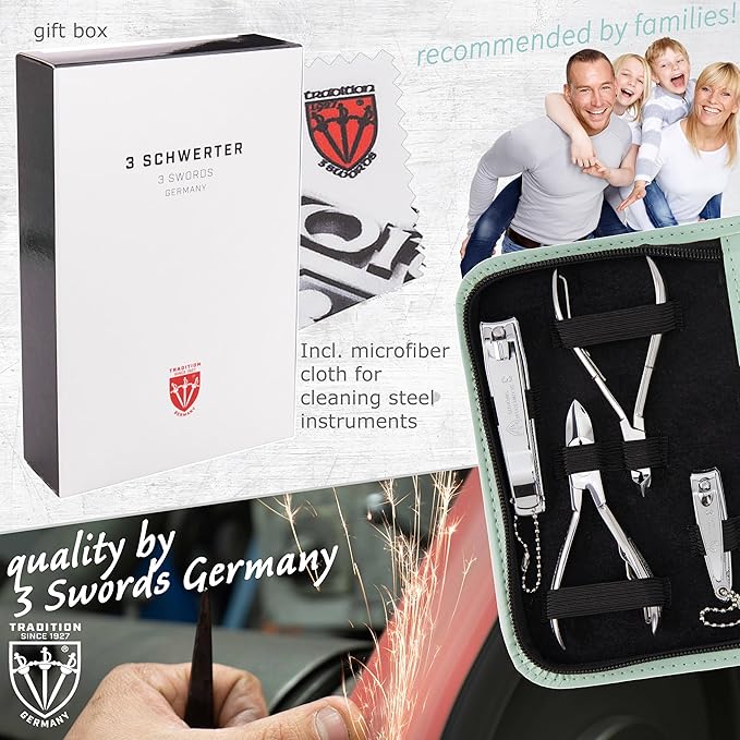 3 Swords Germany - brand quality 10 piece manicure pedicure grooming kit set for nail care scissors clipper mint synthetic leather case - Made by 3 Swords