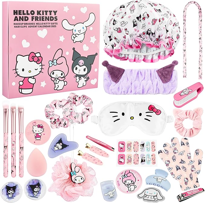 Get Trend Hello Kitty Advent Calendar 2025 Women Teens Makeup Brushes Hair Clips Eye Mask Beauty Pamper Gift Set Christmas Countdown Gifts for Her (Pink Hello Kitty)