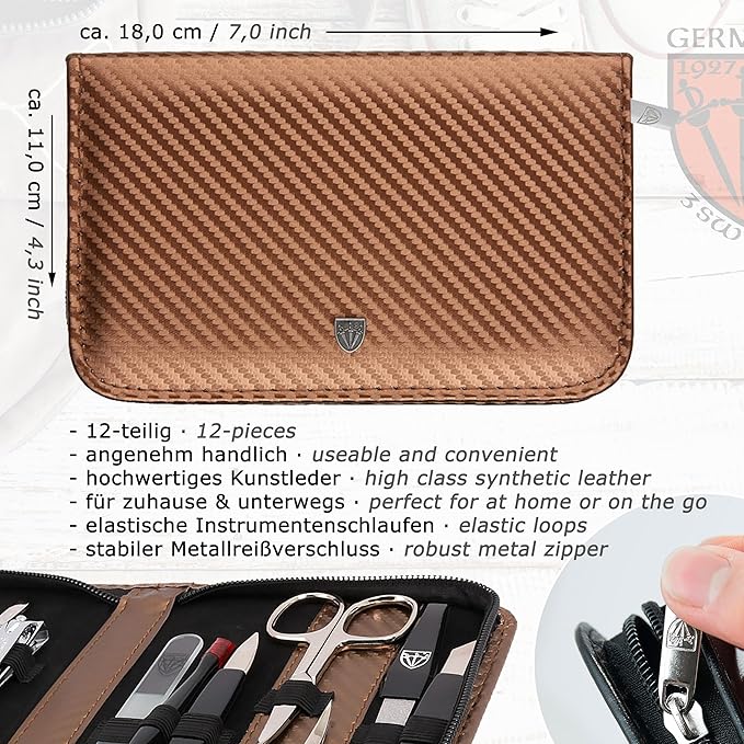 3 Swords Germany – Brand Quality 12 Piece Manicure Pedicure Grooming kit Set for Professional Finger & Toe Nail Care with Copper Synthetic Leather case - Made in Germany