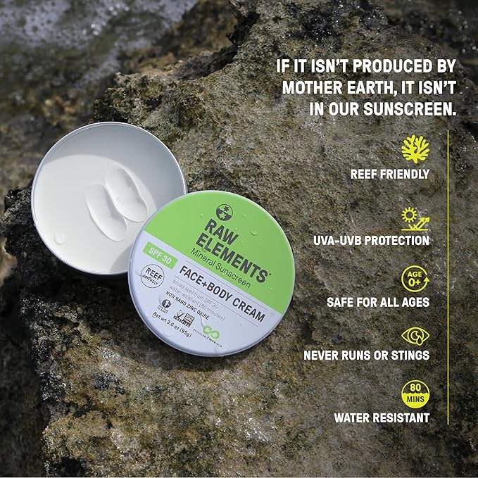 Raw Elements Face and Body Mineral Sunscreen SPF 30 Tin, Organic Sunblock Daily Protection, Non Toxic Reef Safe, Water Resistant, Cruelty Free, Plastic Free, 3 oz (Pack of 2)