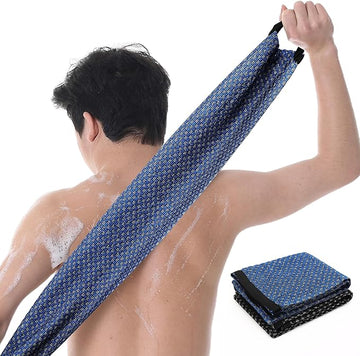 Japanese-style exfoliating bath towel and towel set (2 pieces) - loofah, durable and quick-drying, extra-long design, skin-friendly material, mesh design, suitable for all skin types - 1 blue, 1 black