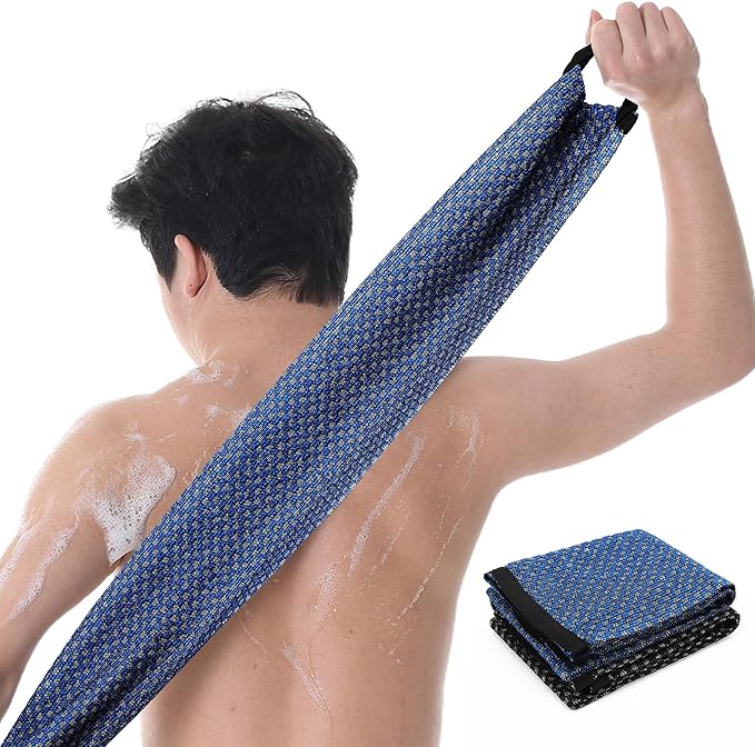 Japanese-style exfoliating bath towel and towel set (2 pieces) - loofah, durable and quick-drying, extra-long design, skin-friendly material, mesh design, suitable for all skin types - 1 blue, 1 black